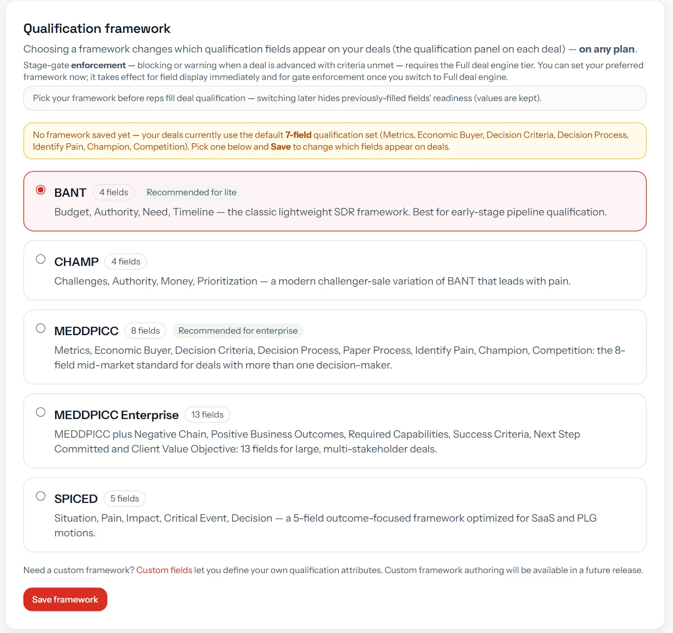 The qualification framework picker with BANT, CHAMP, MEDDPICC, MEDDPICC Enterprise and SPICED, each listing its fields.